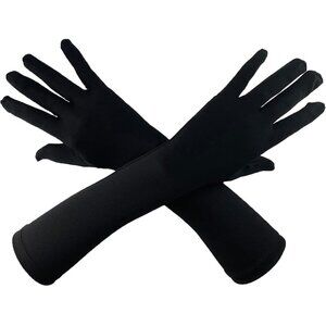 Women's Black Elbow Length Satin Long Gloves Design Stretchy Cosplay Costume